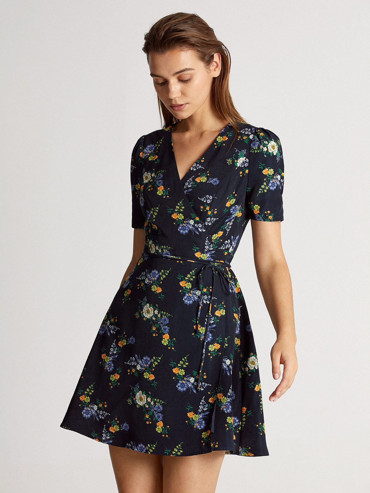 Thecomense - Dark Floral Bloom Short Sleeve V-Neck Mini Wrap Dress