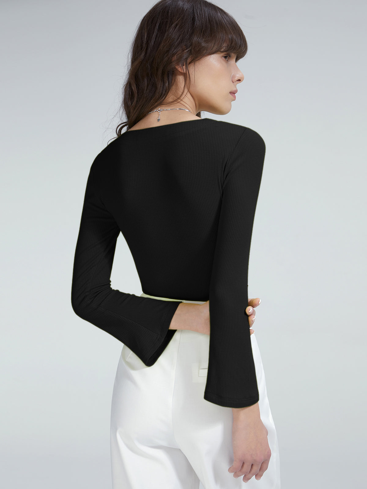 Thecomense - Scoop Neck Button Front Long Sleeve Top