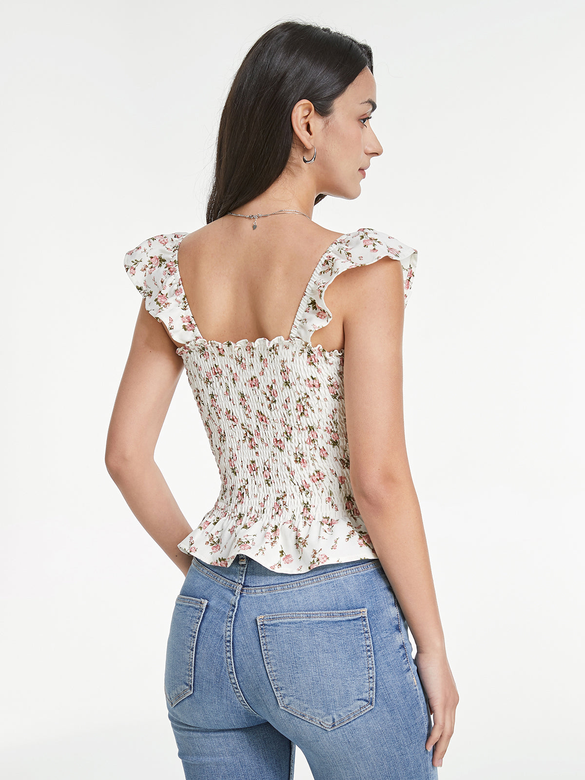 Thecomense - Square Neck Ruffle Strap Rose Peplum Top