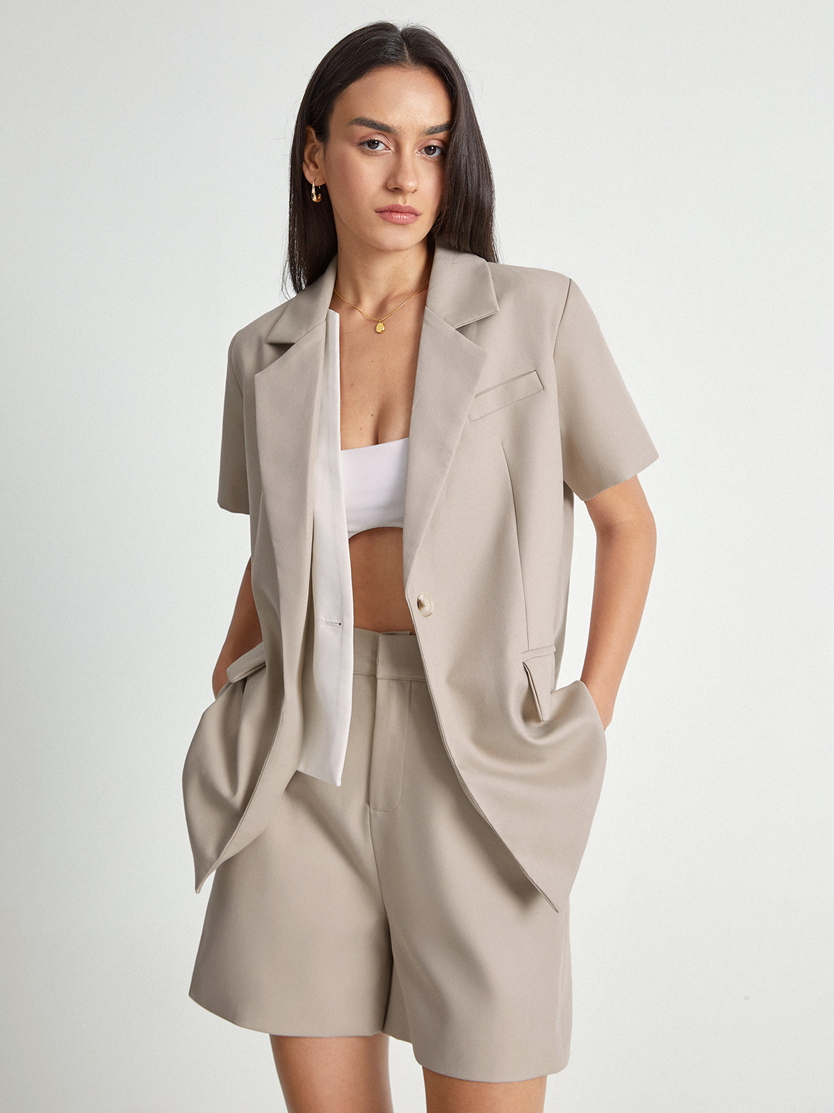 Thecomense - Short Sleeve Notch Lapel Contrast Vest Inlay Blazer