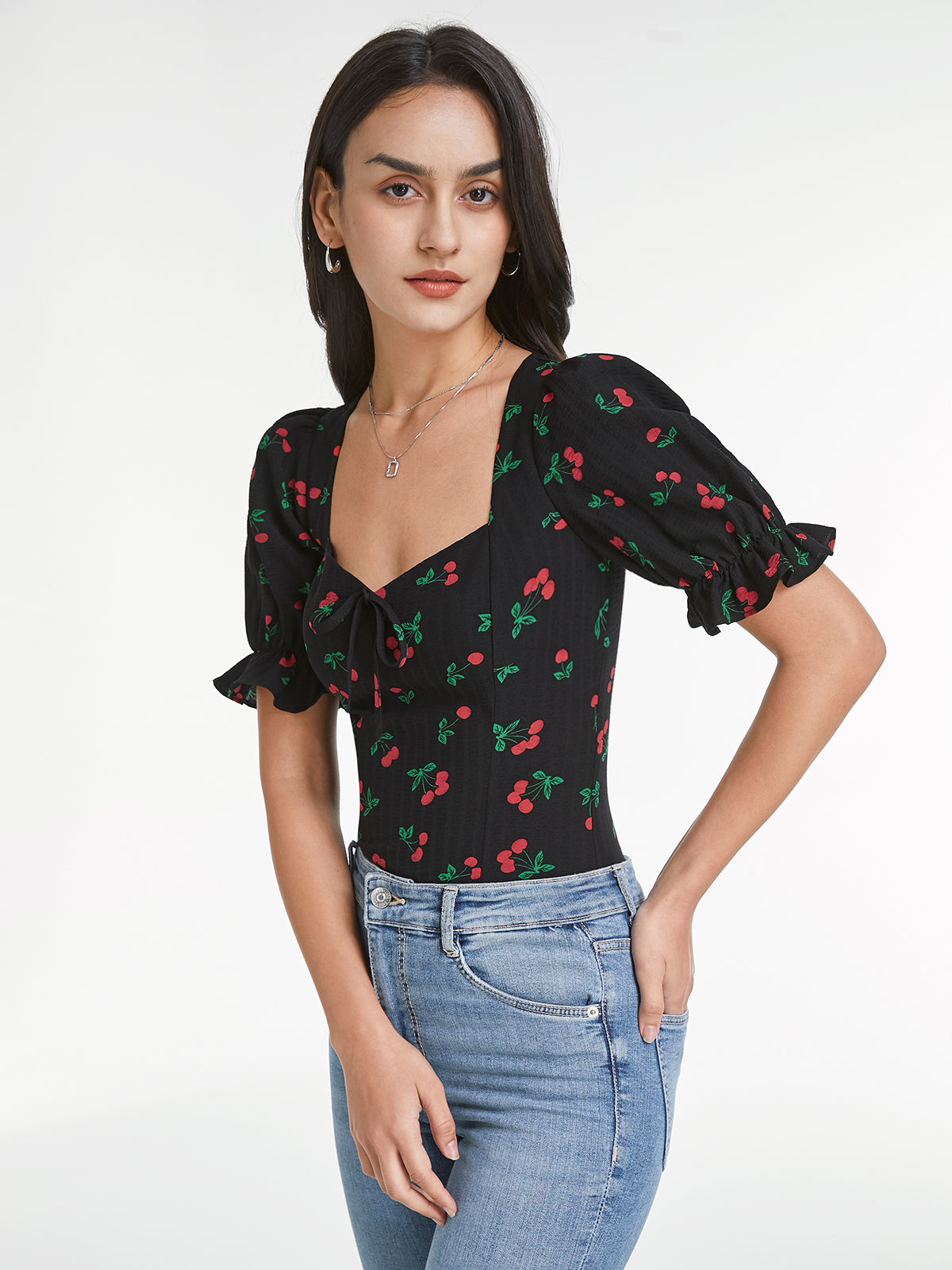 Thecomense - Sweetheart Puff Sleeve Cherry Contour Top