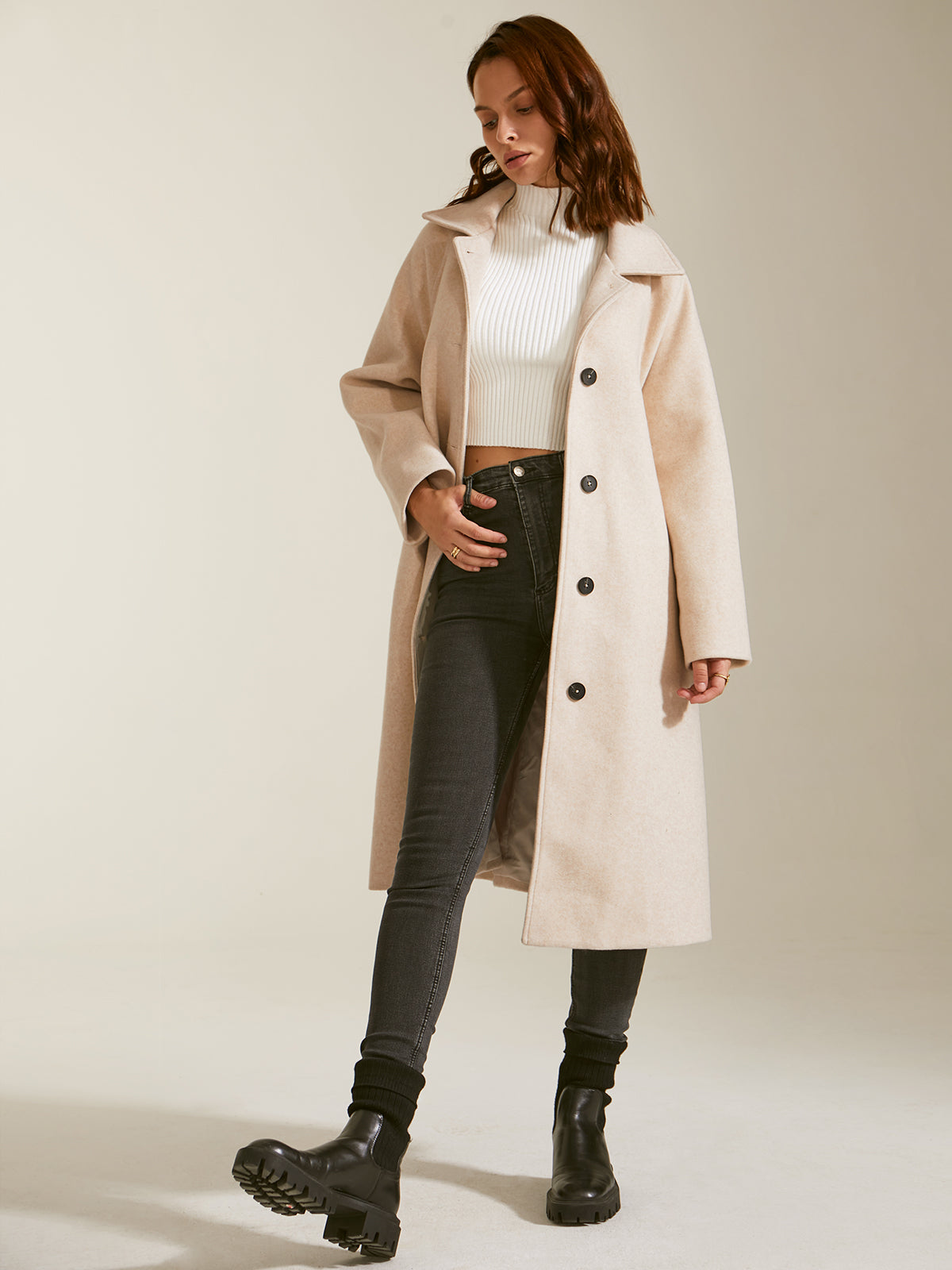 Thecomense - Brushed Wool Long Belted Overcoat