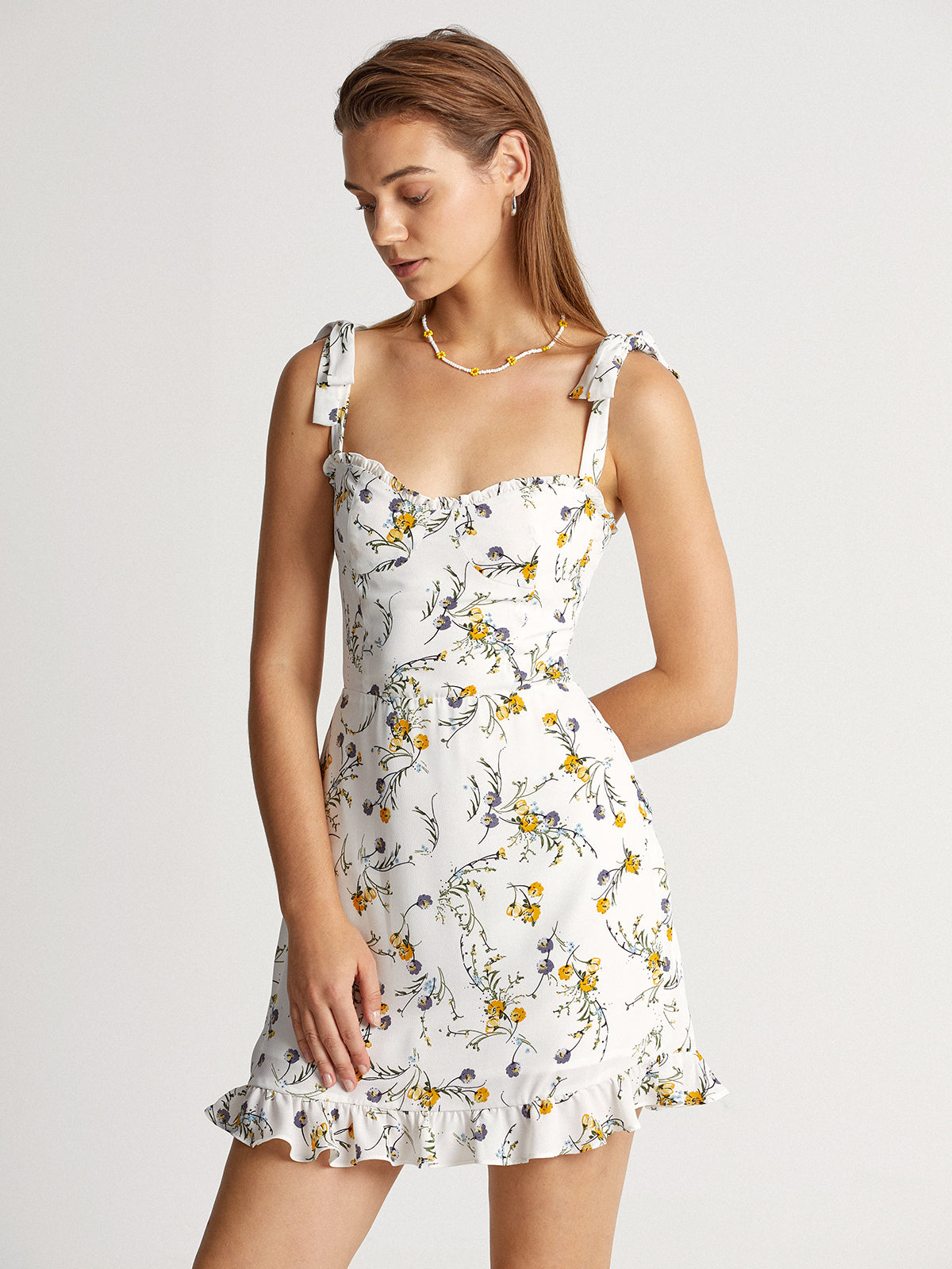 Thecomense - Ruffle Hem Tie Strap Garden Floral Stem Mini Dress