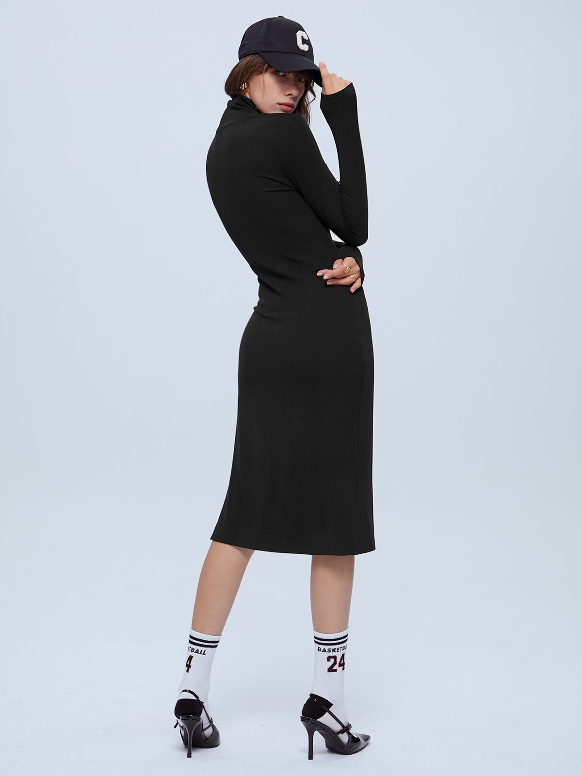 Thecomense - Long Sleeve Turtleneck Slit Sweater Dress