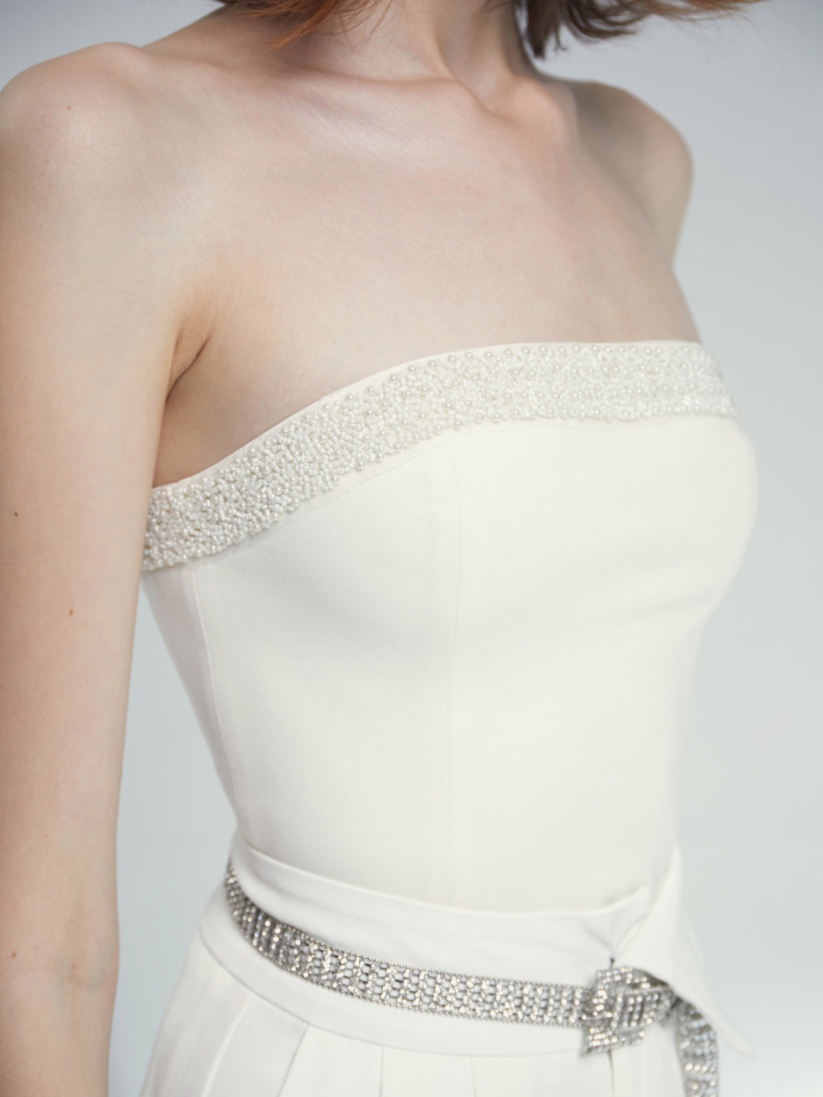 Thecomense - Straight Neck Strapless Top with Jewel Detail