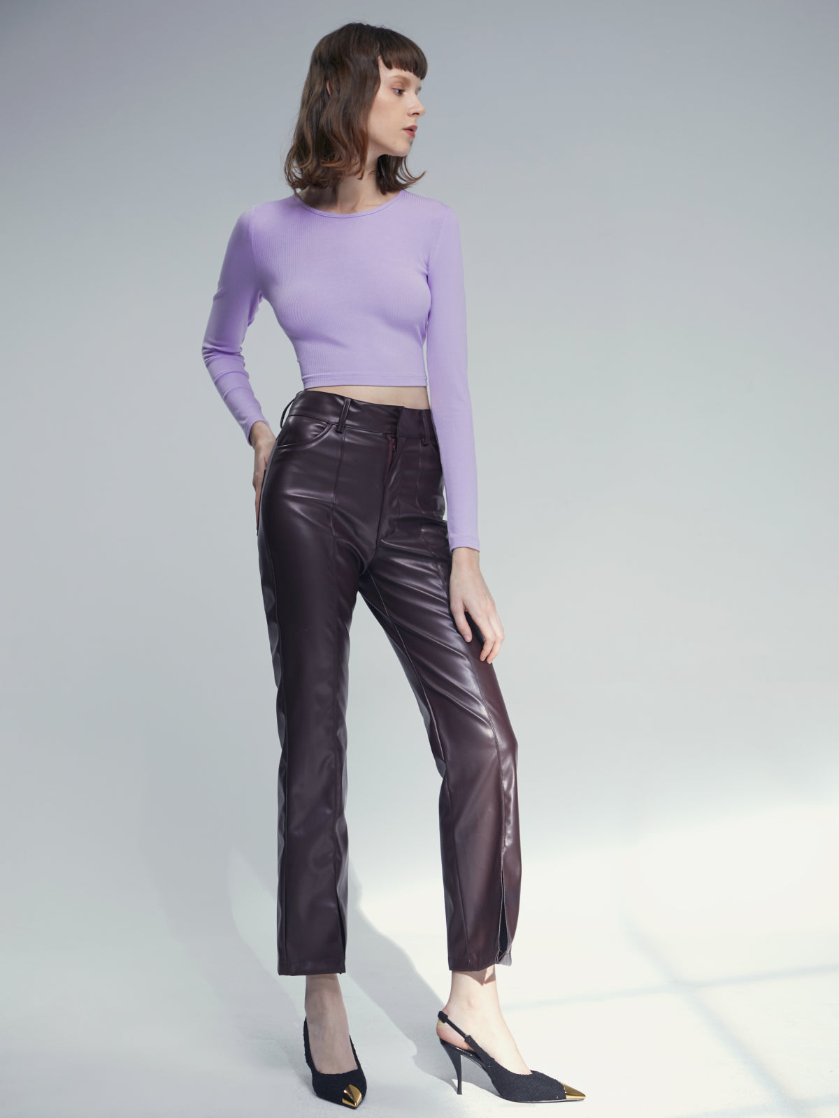 Thecomense - Mauve Crewneck Long Sleeve Stretch Cropped Top