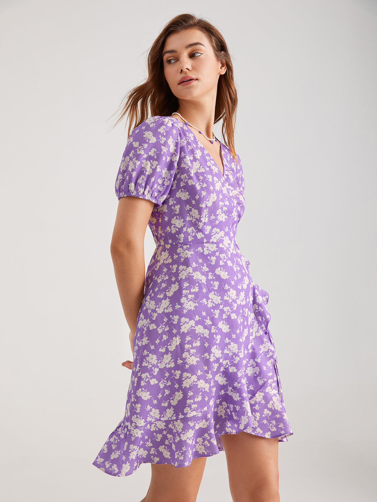 Thecomense - Mauve Sweetheart Floral Ruffle Side Tie Dress