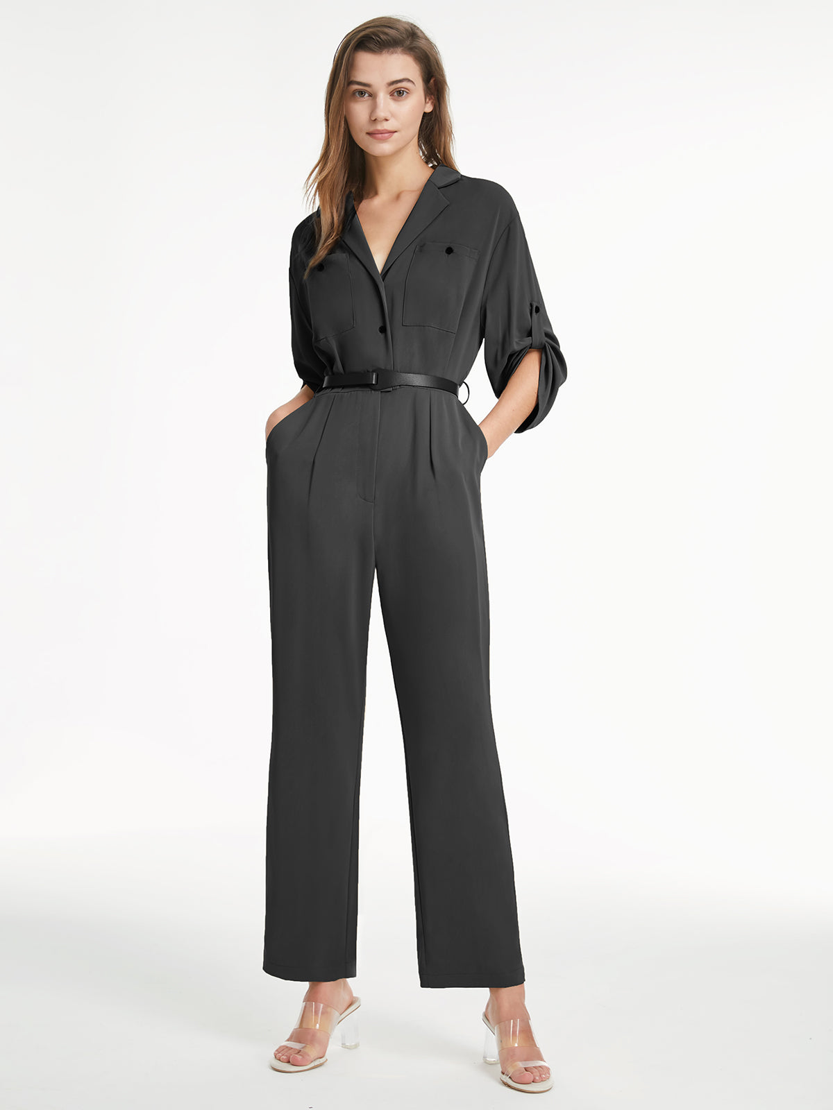 Thecomense - V Neck Button Front Short Sleeve Flare Leg Jumpsuit