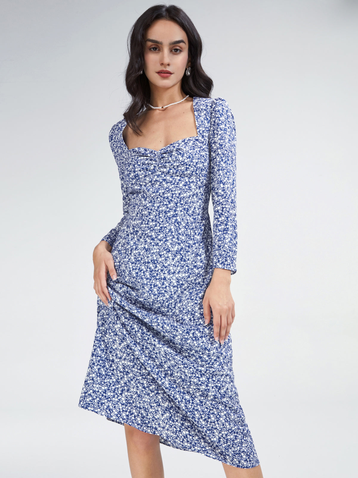 Thecomense - Square Neck Long Sleeve Flare A Line Midi Dress