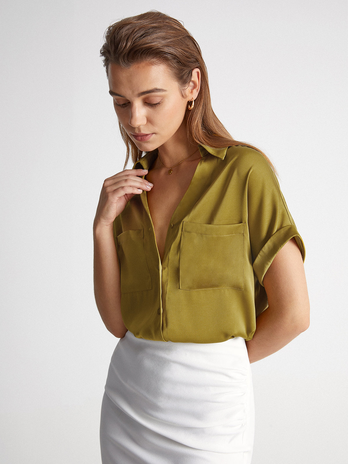 Thecomense - Double Pocket Satin Button Up Short Sleeve Shirt