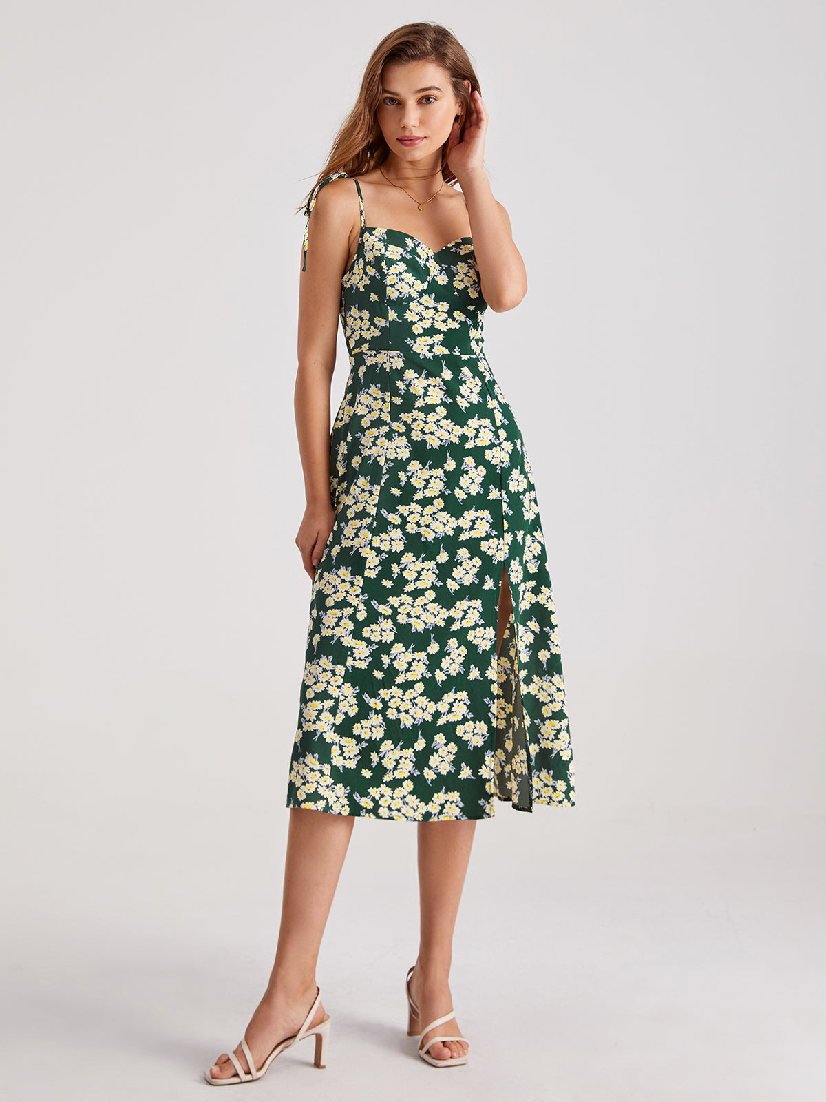 Thecomense - Emerald Green Sweetheart Strap Daisy Slit Dress