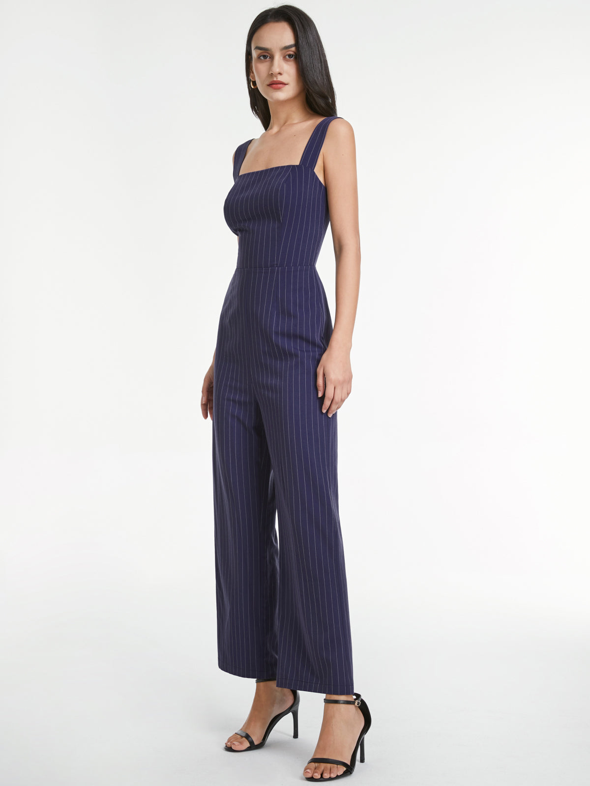 Thecomense - Square Neck Pinstripe Sleeveless Wide Leg Jumpsuit
