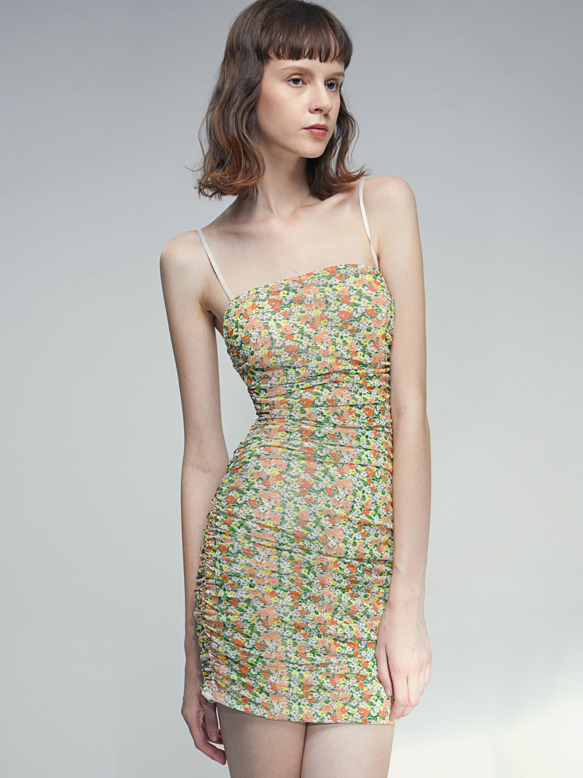 Thecomense - Floral Garden Side Ruche Mini Strap Dress