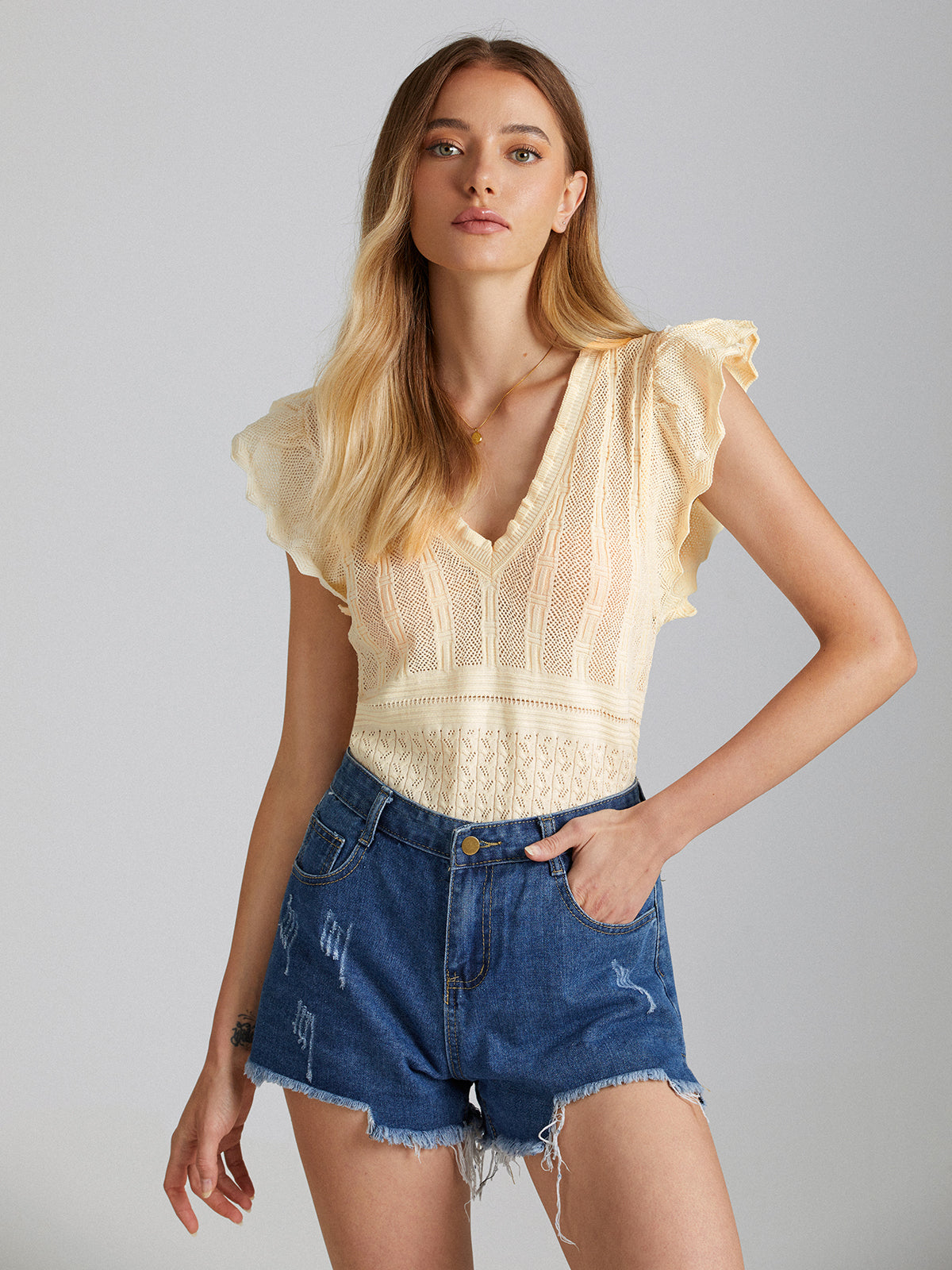 Thecomense - Flutter Sleeve Rib Top