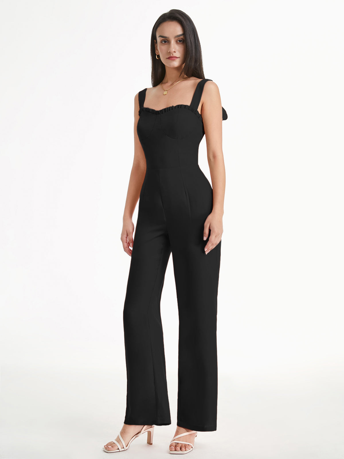 Thecomense - Sweetheart Ruffle Wide Tie Strap Flare Leg Jumpsuit