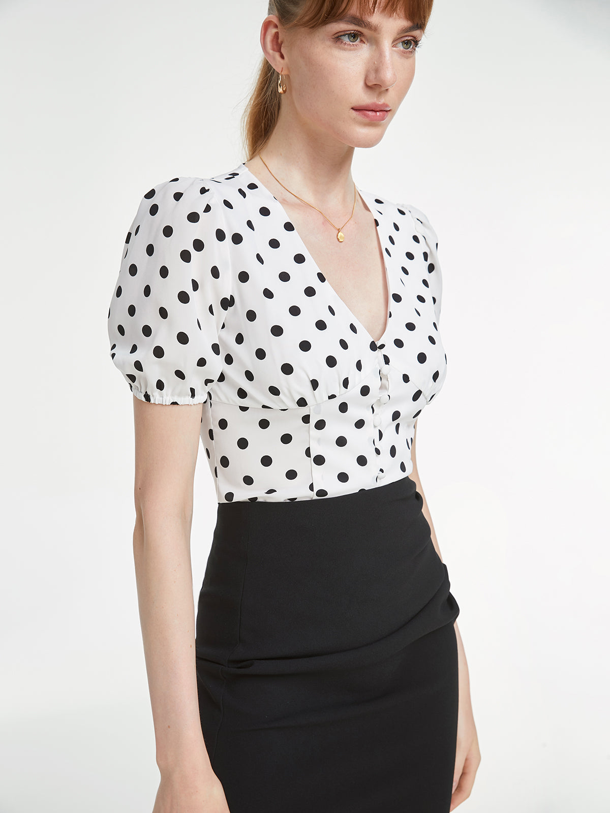 Thecomense - Short Sleeve V Neck Button Front Polka Dot Contour Top
