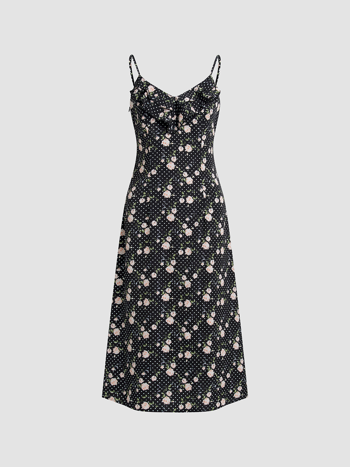 Thecomense - Zip Up Floral Ruffle Strap Midi Dress