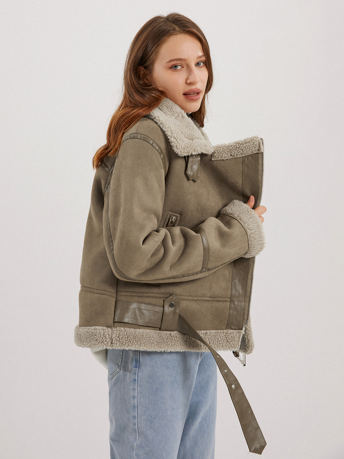Thecomense - Teddybear Shearling Leather Flight Jacket