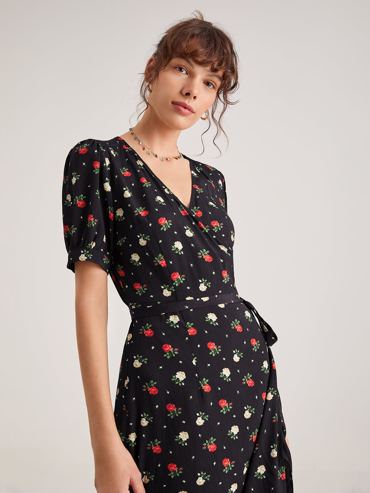 Thecomense - Floral Side Tie Thigh Split Midi Dress