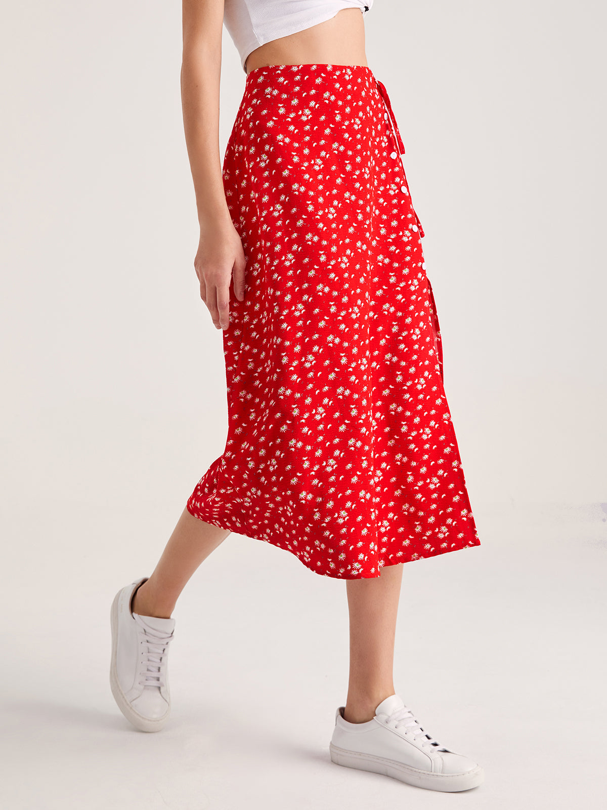 Thecomense - Sweetheart Floral Button Split Midi Skirt