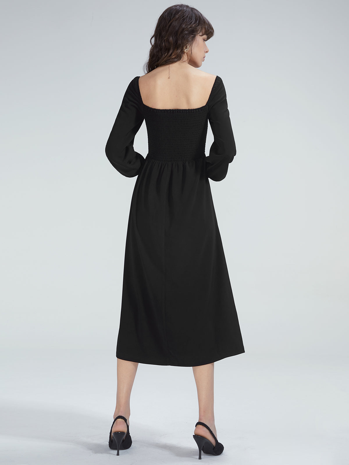 Thecomense - Square Neck Long Sleeve Slit Dress