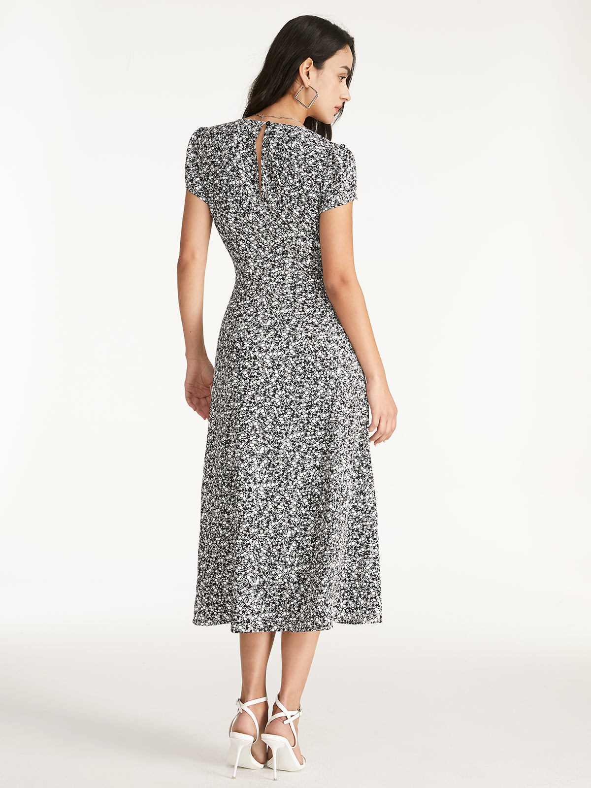Thecomense - Contrast Floral Print V-Neck Cap Sleeve Slit Dress