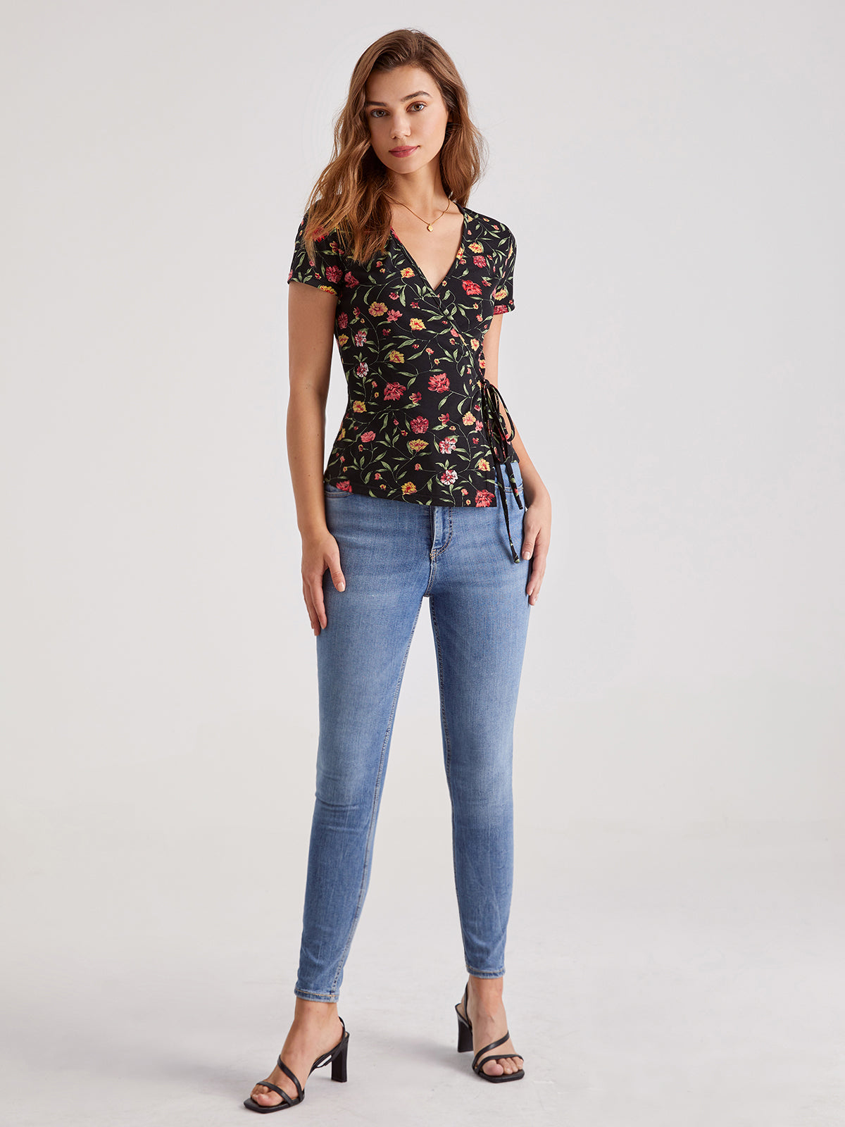 Thecomense - V-Neck Floral Wrap Tie Top