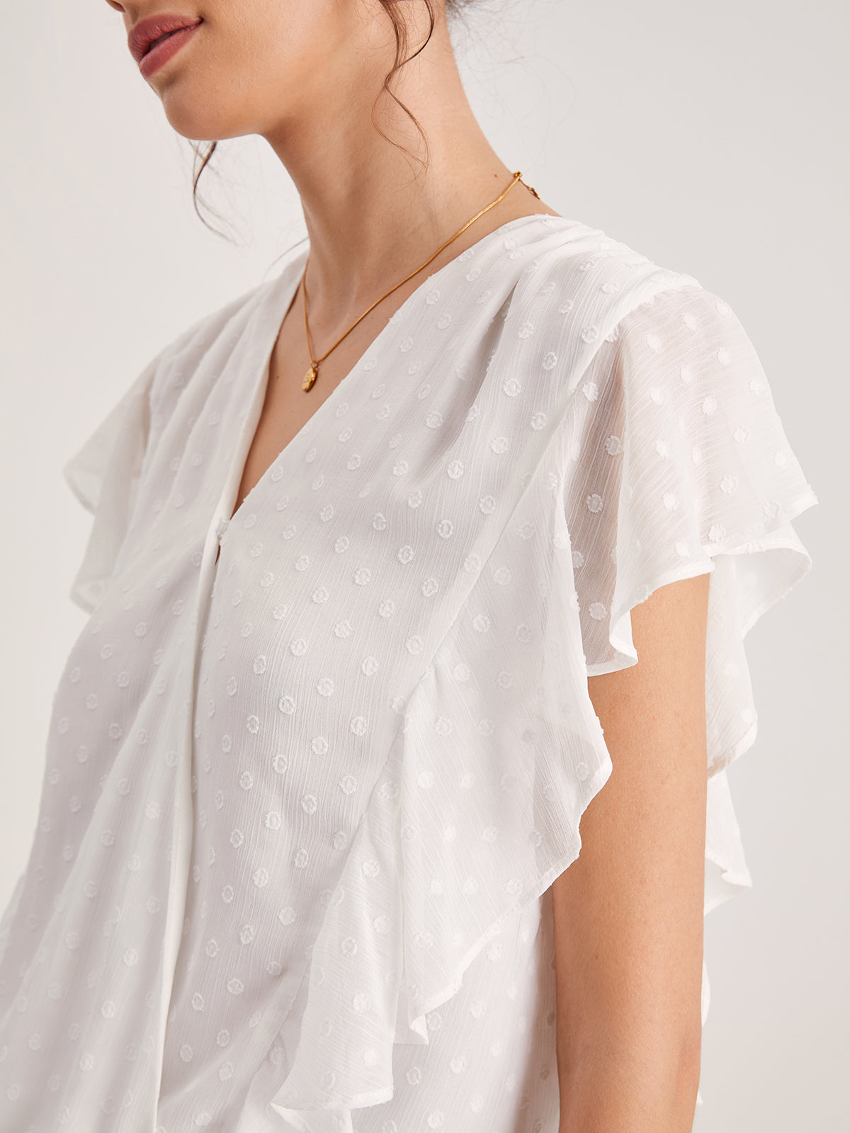 Thecomense - V-Neck Polka Dot Flutter Sleeve Top