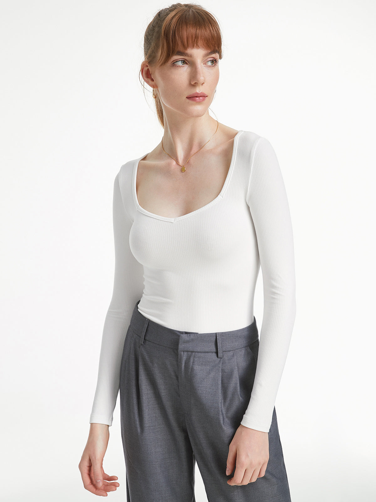 Thecomense - Ribbed Sweetheart Long Sleeve Top