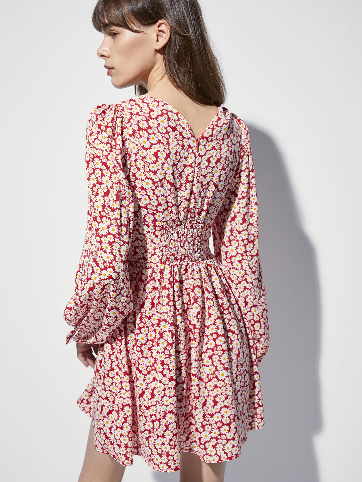 Thecomense - Long Sleeve Mini Floral V Neck Cinched Mini A Line Dress