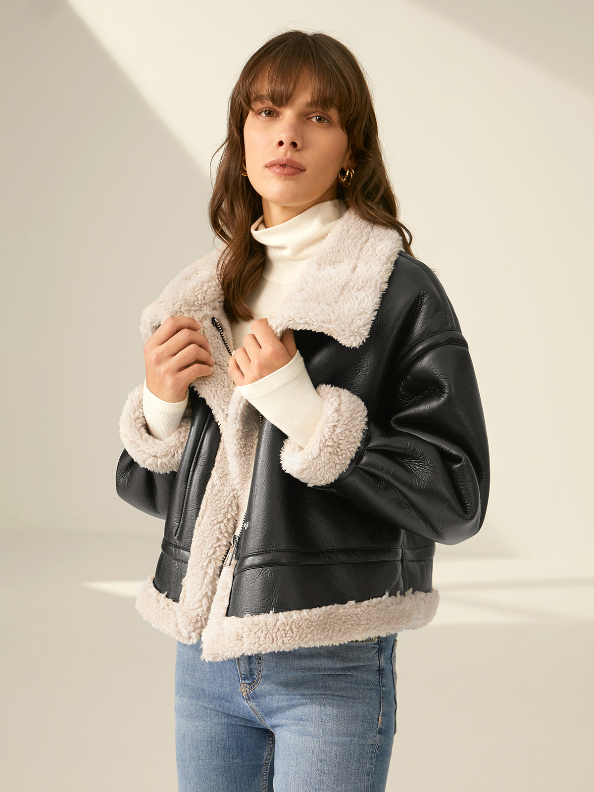 Thecomense - Sherpa Lined Shearling Leather Flight Jacket