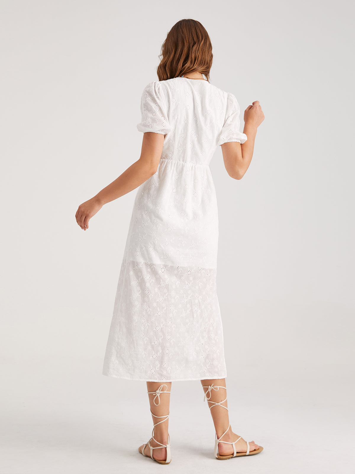 Thecomense - Short Puff Sleeve Eyelet M Dress