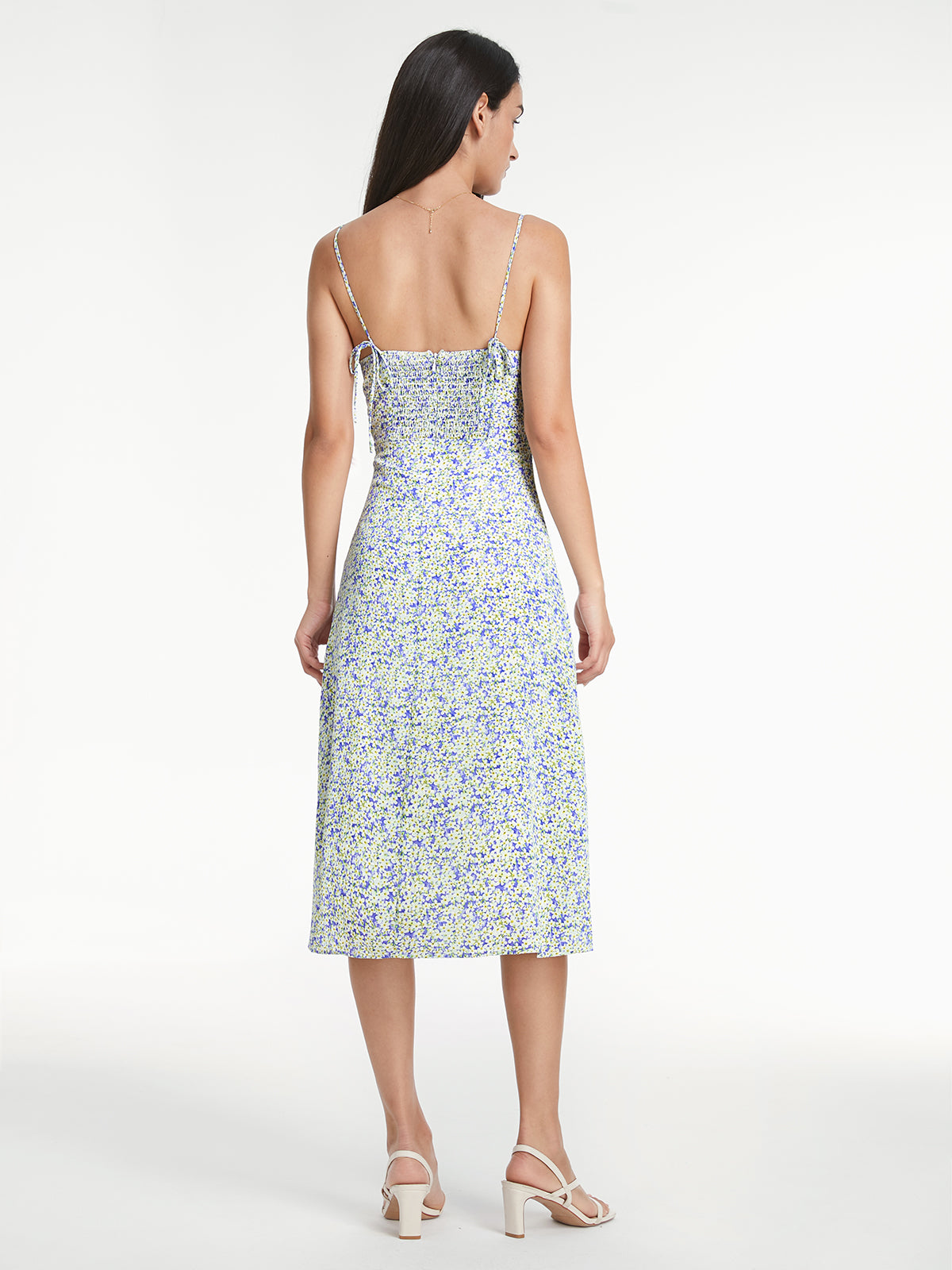 Thecomense - Sweetheart Light Floral Strap Slit Midi Dress