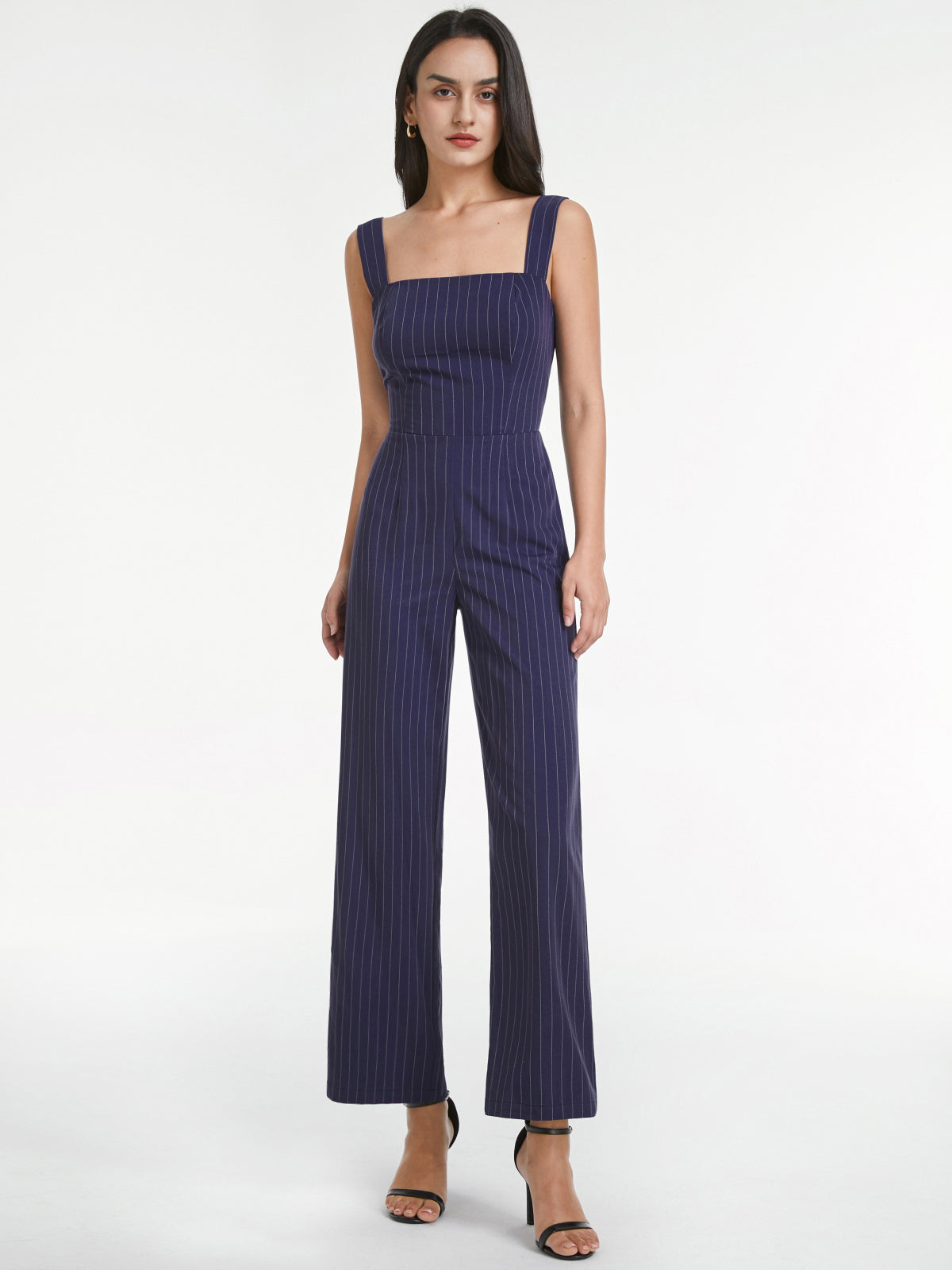 Thecomense - Square Neck Pinstripe Sleeveless Wide Leg Jumpsuit