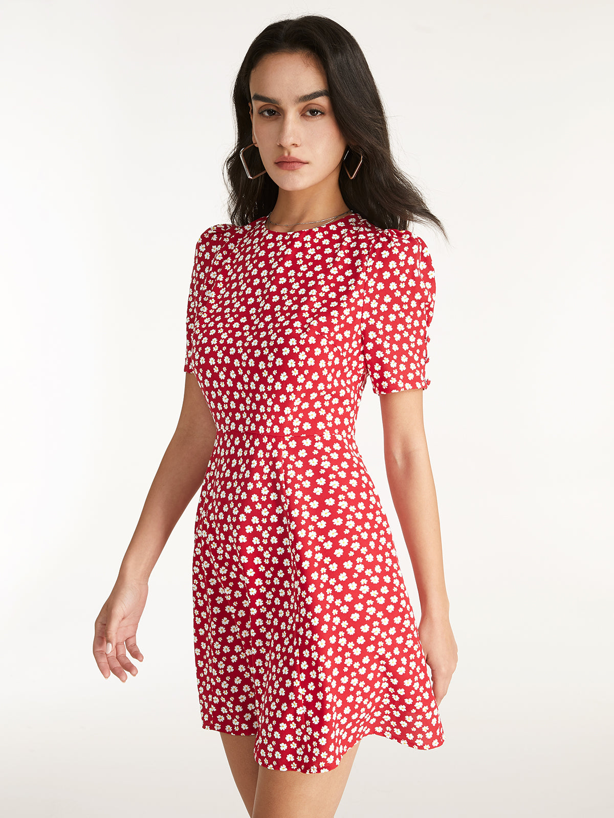 Thecomense - Straight Neck Short Puff Sleeve A Line Mini Dress