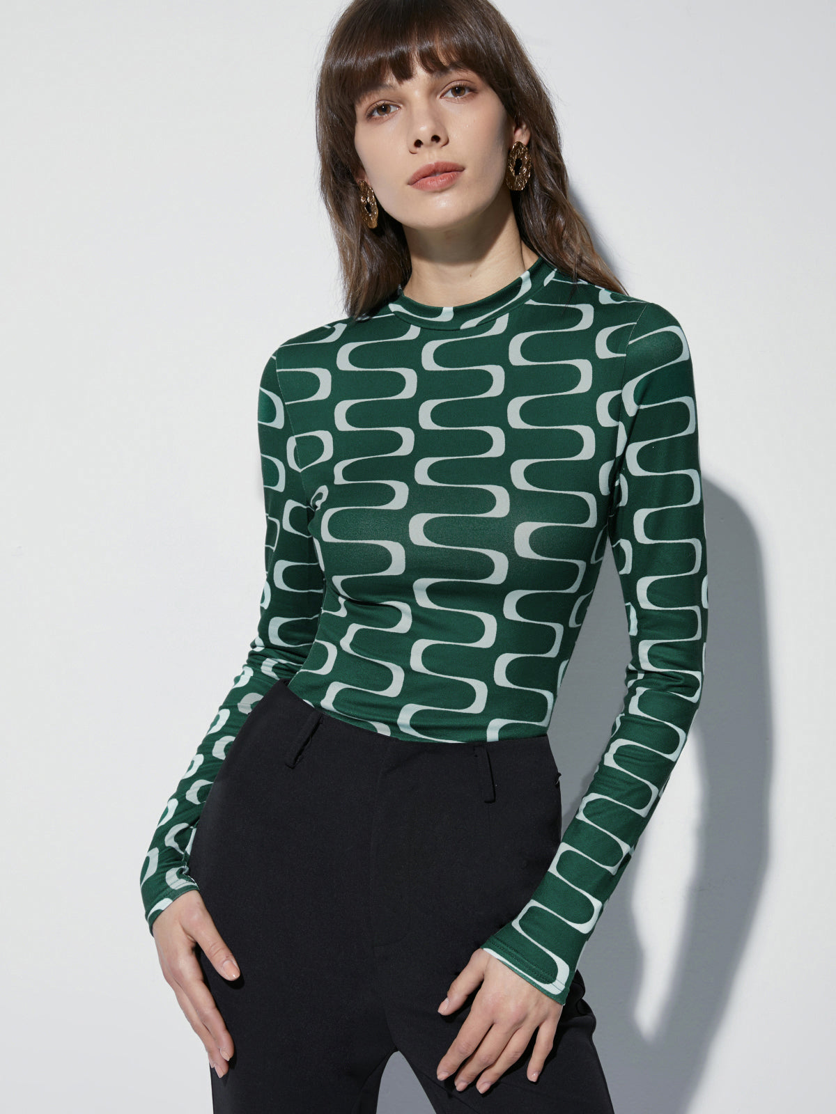 Thecomense - Groovy Emerald Green Mockneck Stretch Long Sleeve Top