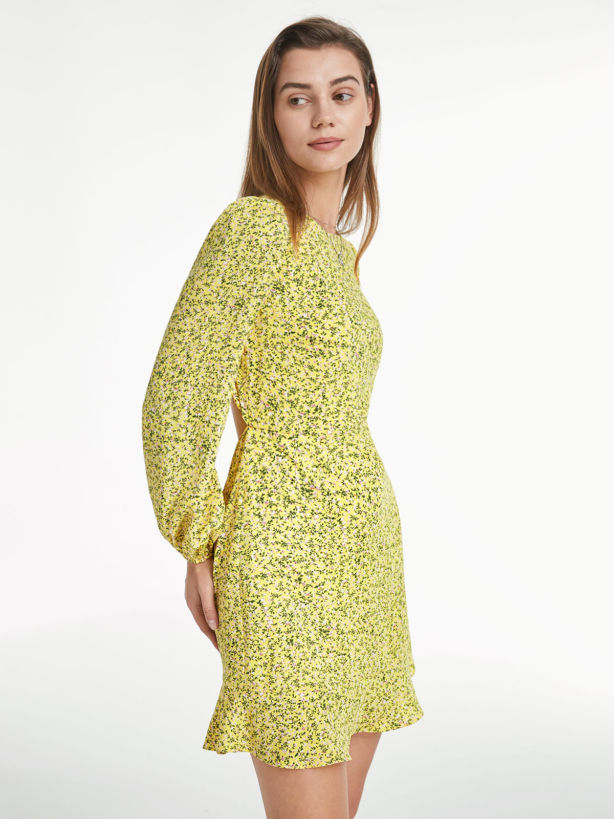 Thecomense - Long Puff Sleeve Straight Neck Back Cutout Floral Sun Dress