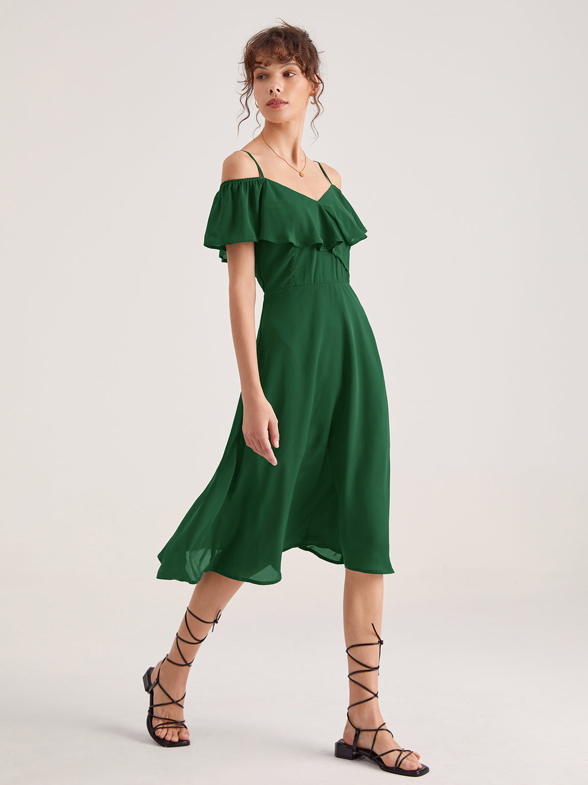 Thecomense - Emerald Green Strap Ruffle Midi Dress