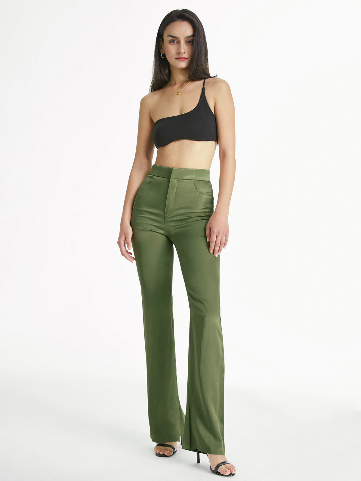 Thecomense - High Waisted Skinny Stretch Flare Slit Leg Pants