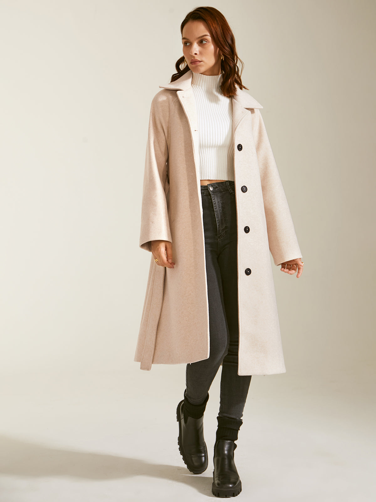Thecomense - Brushed Wool Long Belted Overcoat