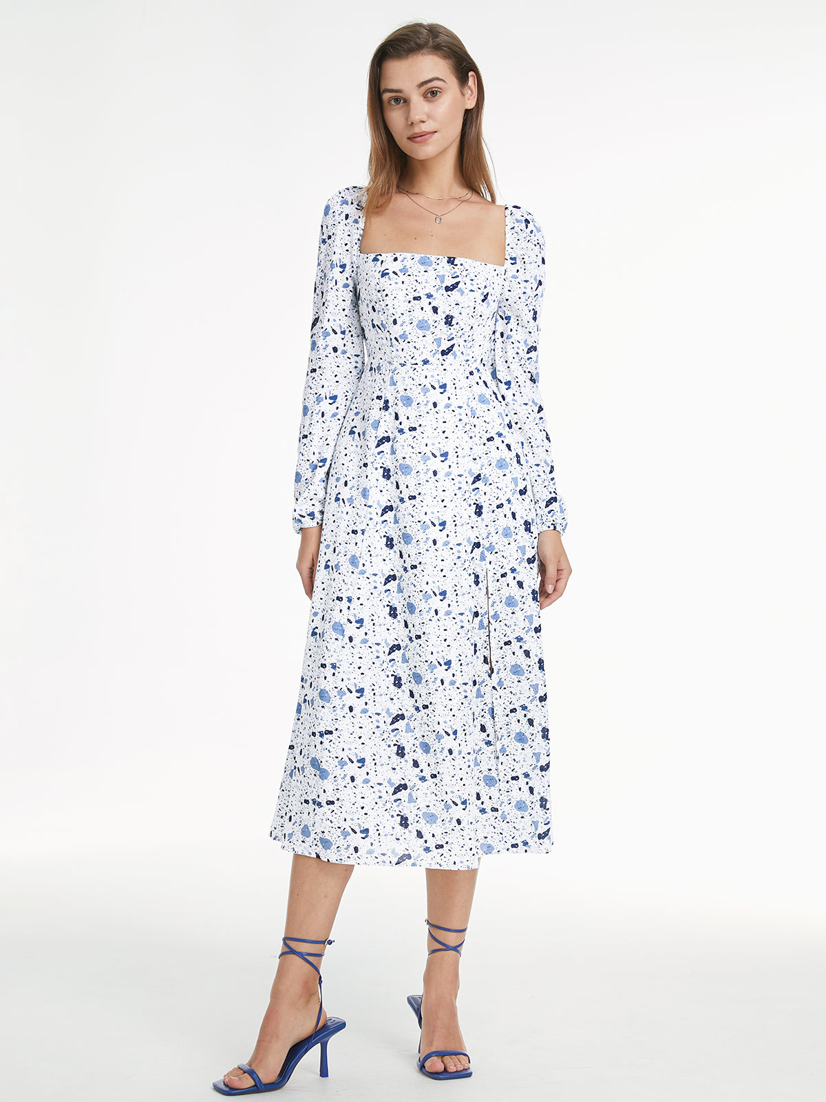Thecomense - Square Neck Long Sleeve Slit Dress