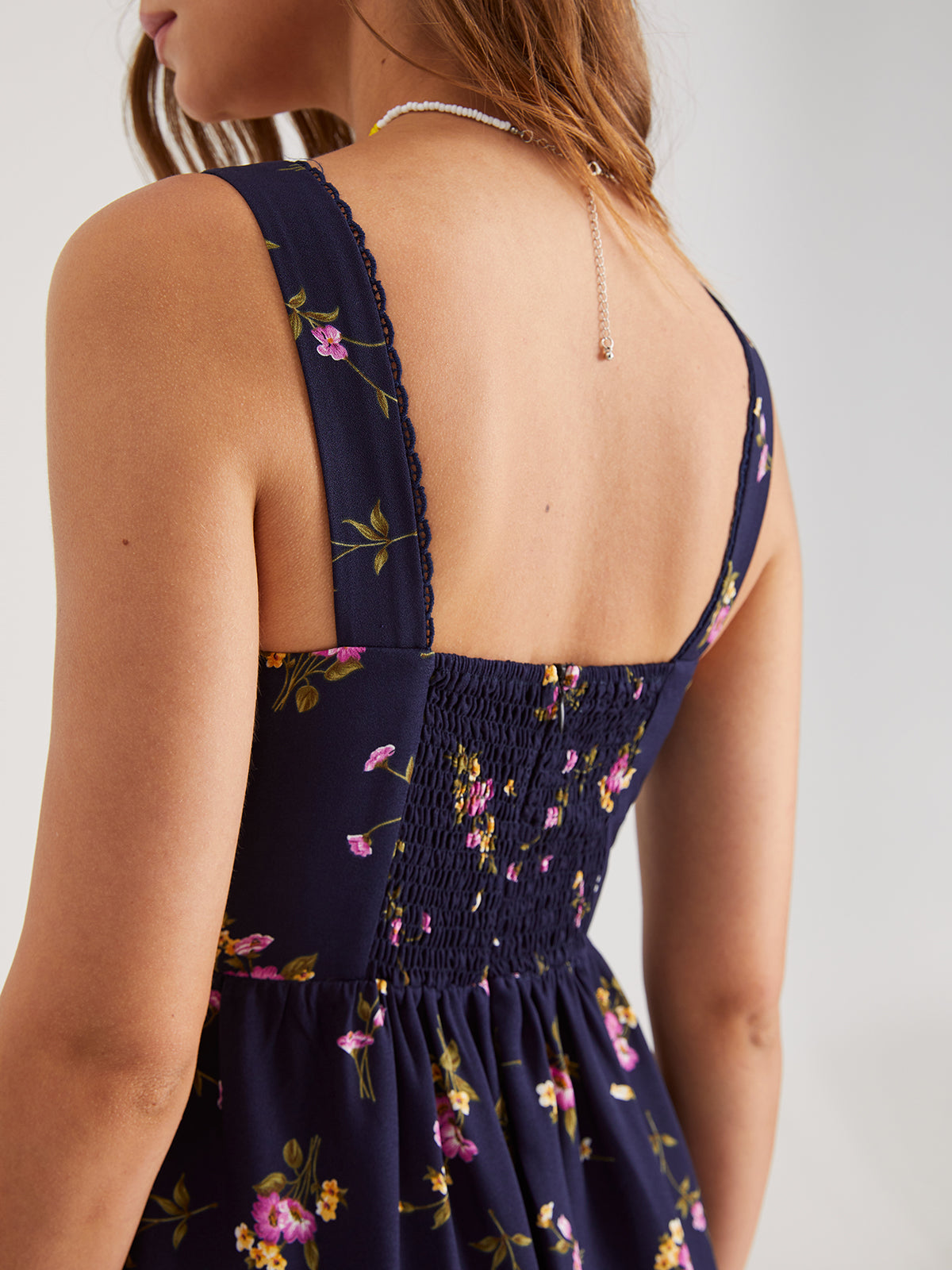 Thecomense - Floral Front Hook-and-Eye Zip Up Square Neck Midi Dress