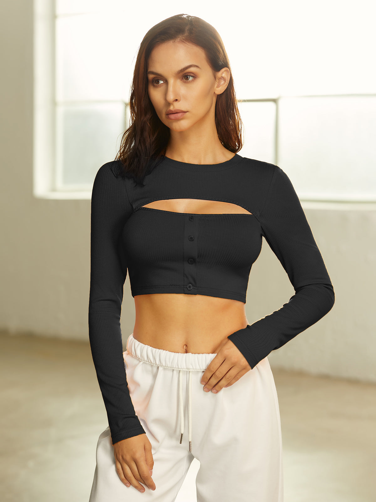 Thecomense - Cropped Long Sleeve Ribbed Cutout Top and Shrug