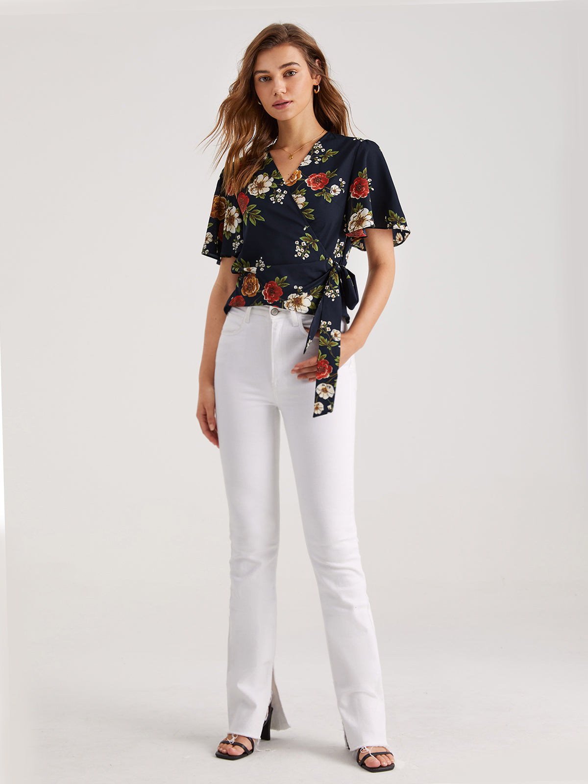 Thecomense - Floral V-Neck Side Tie Top