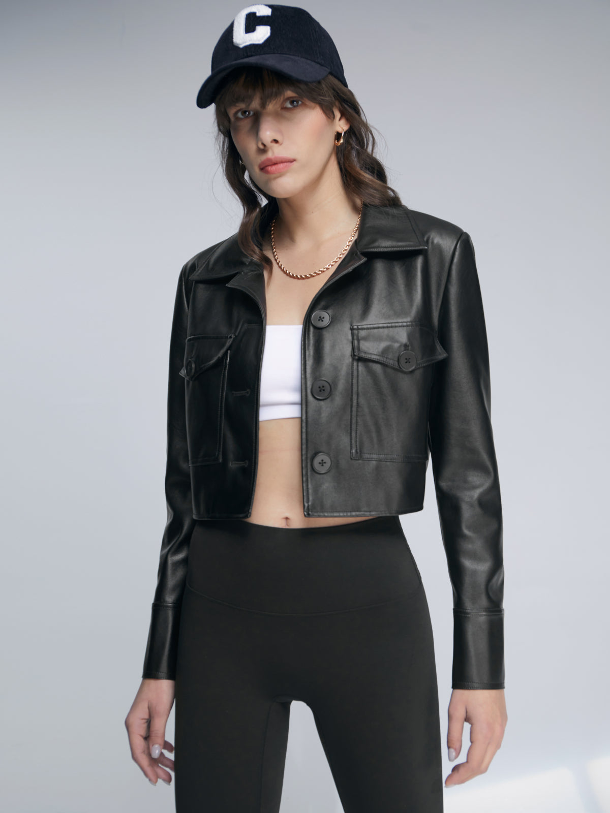 Thecomense - Cropped Double Front Pocket Leather Jacket