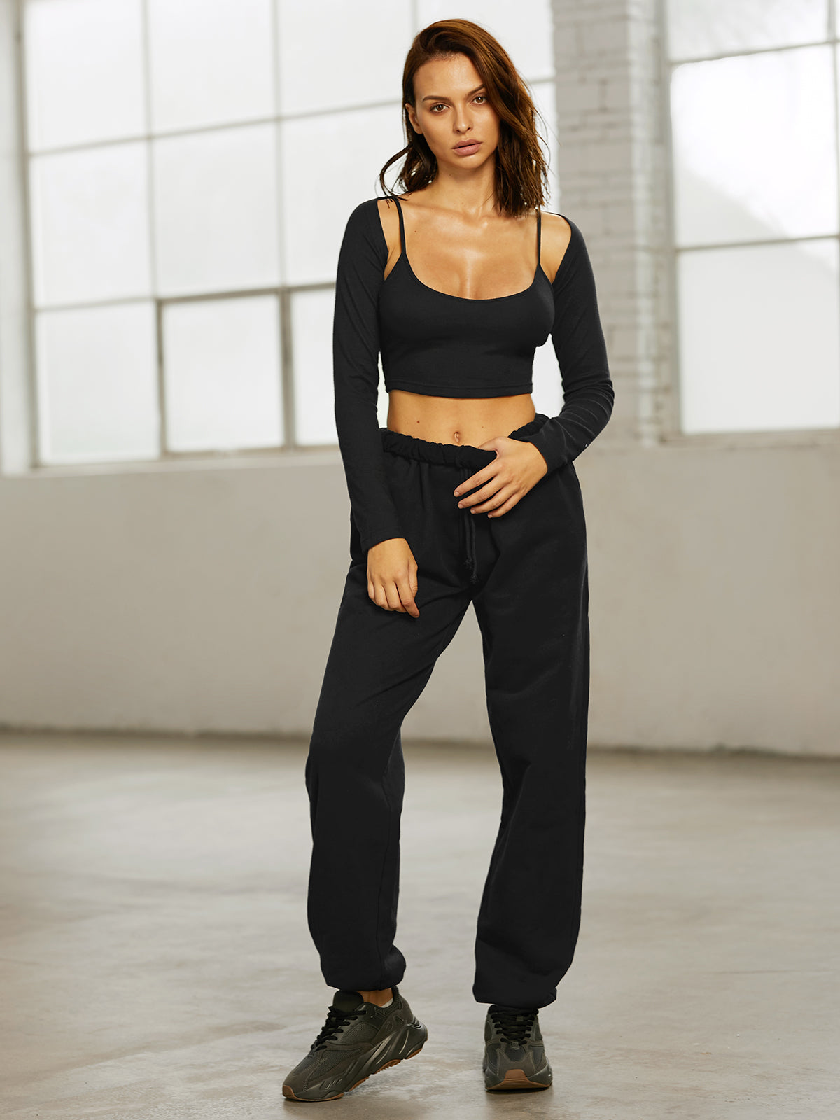 Thecomense - Scoop Neck Cropped Tank with Sleeve