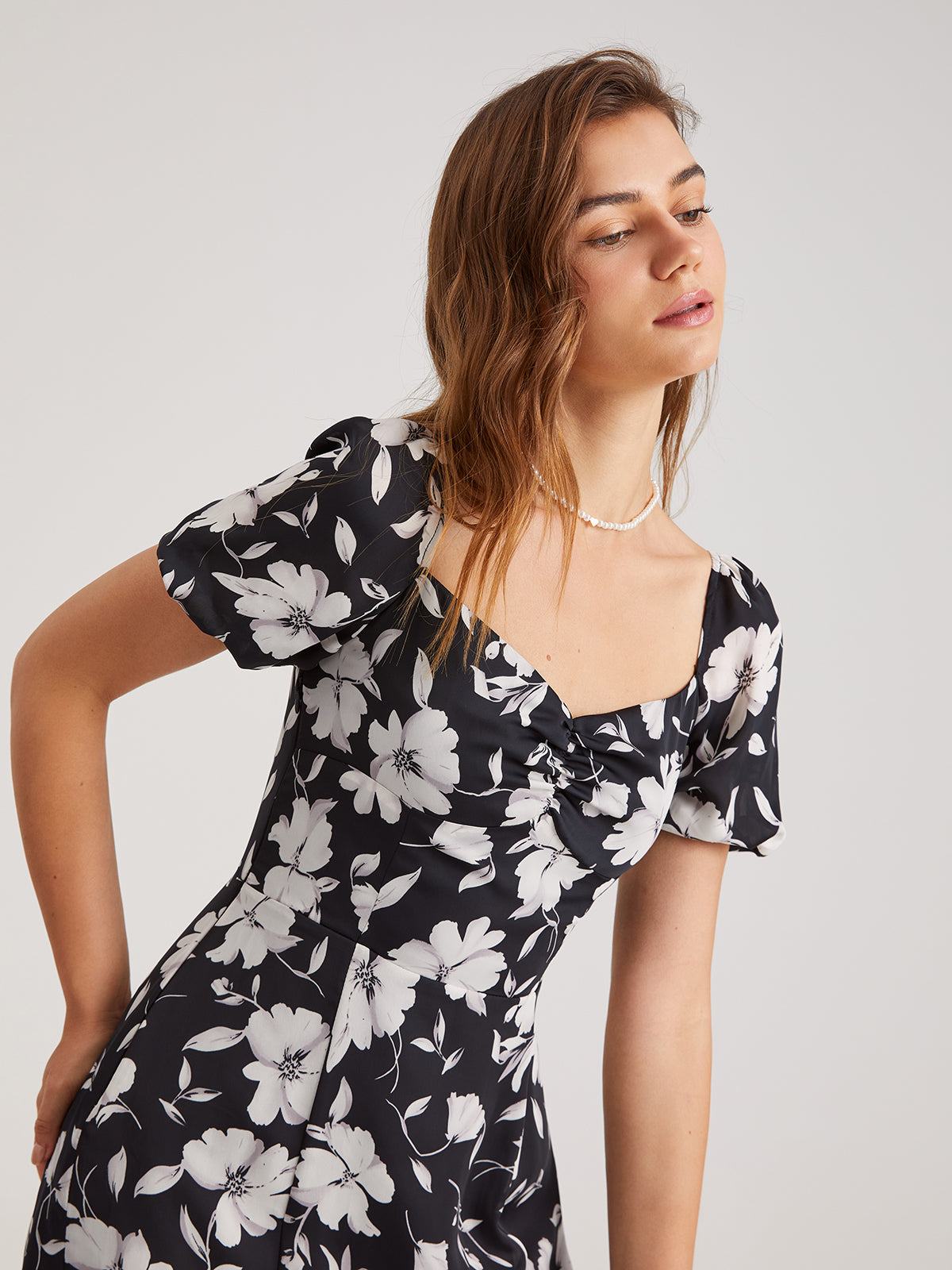 Thecomense - Short Puff Sleeve Square Neck Midi Slit Dress