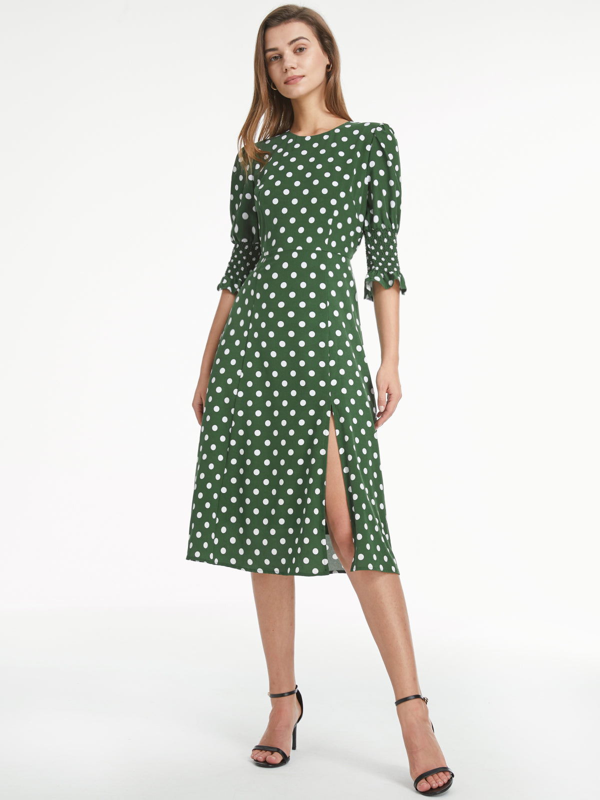 Thecomense - Short Puff Sleeve Straight Neck Polka Dot Slit Dress