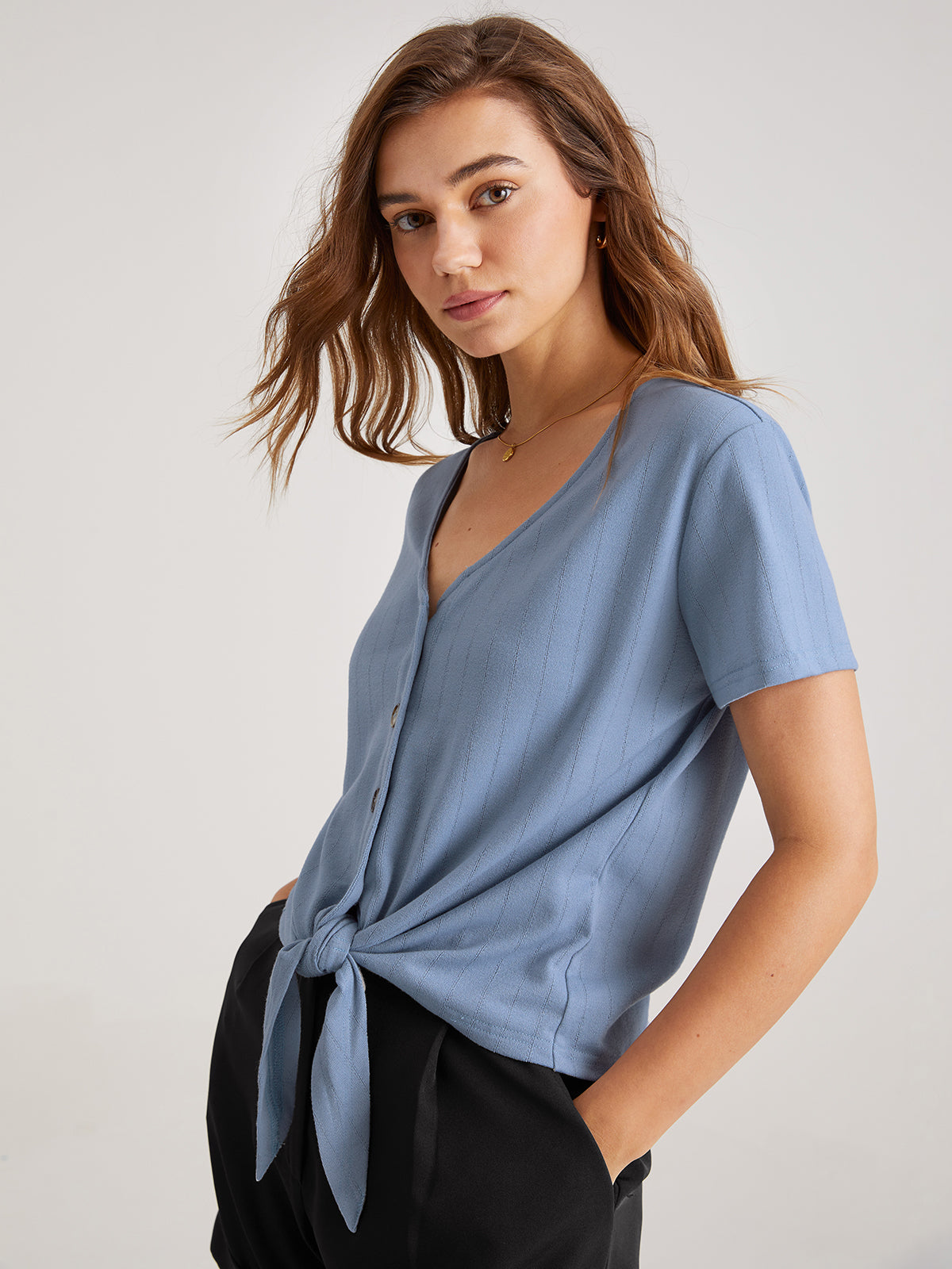 Thecomense - V-Neck Tie Front Button Top