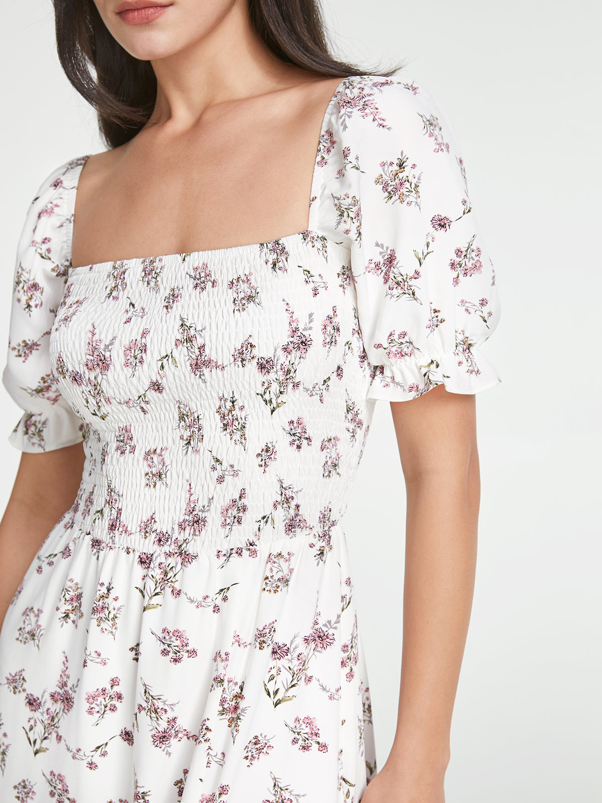 Thecomense - Square Neck Short Puff Sleeve Smocked Floral Midi Slit Dress